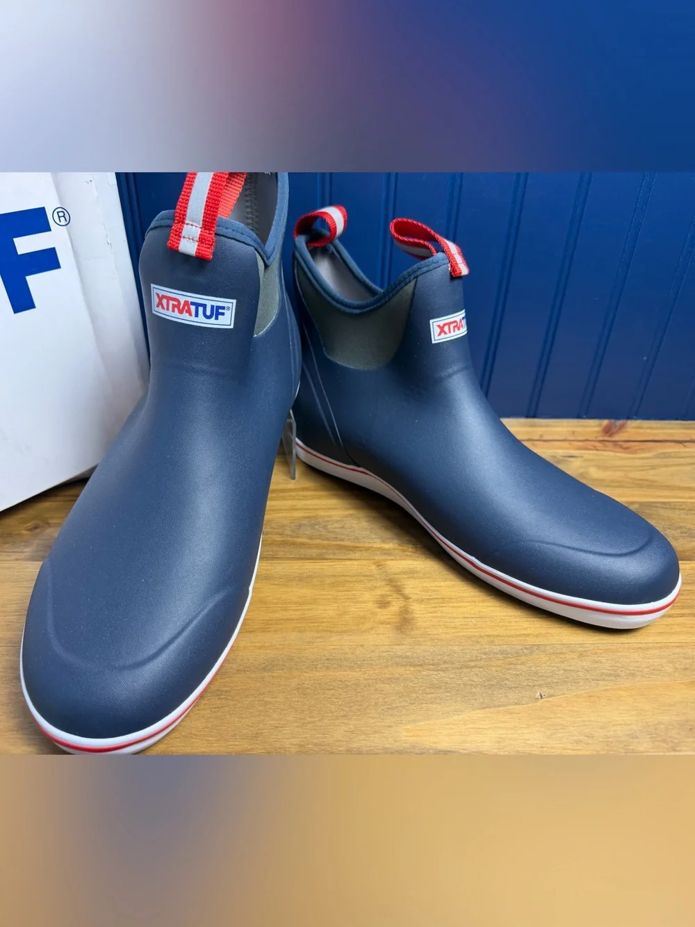XTRATUF Men’s 12 Ankle Deck Boots Navy Red Waterproof Fishing Rain Boots